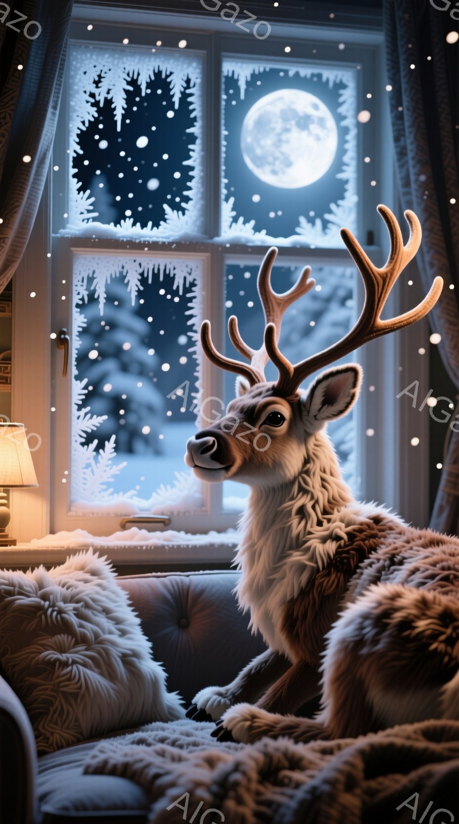 窓辺に堂々と座る大きなトナカイが印象的です。毛並みはふっくらとしており、背景の雪景色と暖炉の光が、静かで穏やかな冬の雰囲気を醸し出しています。月明かりが窓から差し込み、トナカイの毛並みを照らし、神秘的な雰囲気を添えています。
