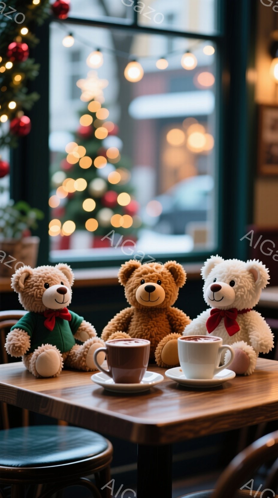 暖炉のそばのテーブルに、緑と赤のリボンを付けた三匹のテディベアが座っています。それぞれのベアは可愛らしい表情で、温かい飲み物と一緒に配置されています。背景にはぼやけたクリスマスツリーと街並みが広がり、冬の暖かく居心地の良い雰囲気を醸し出しています。