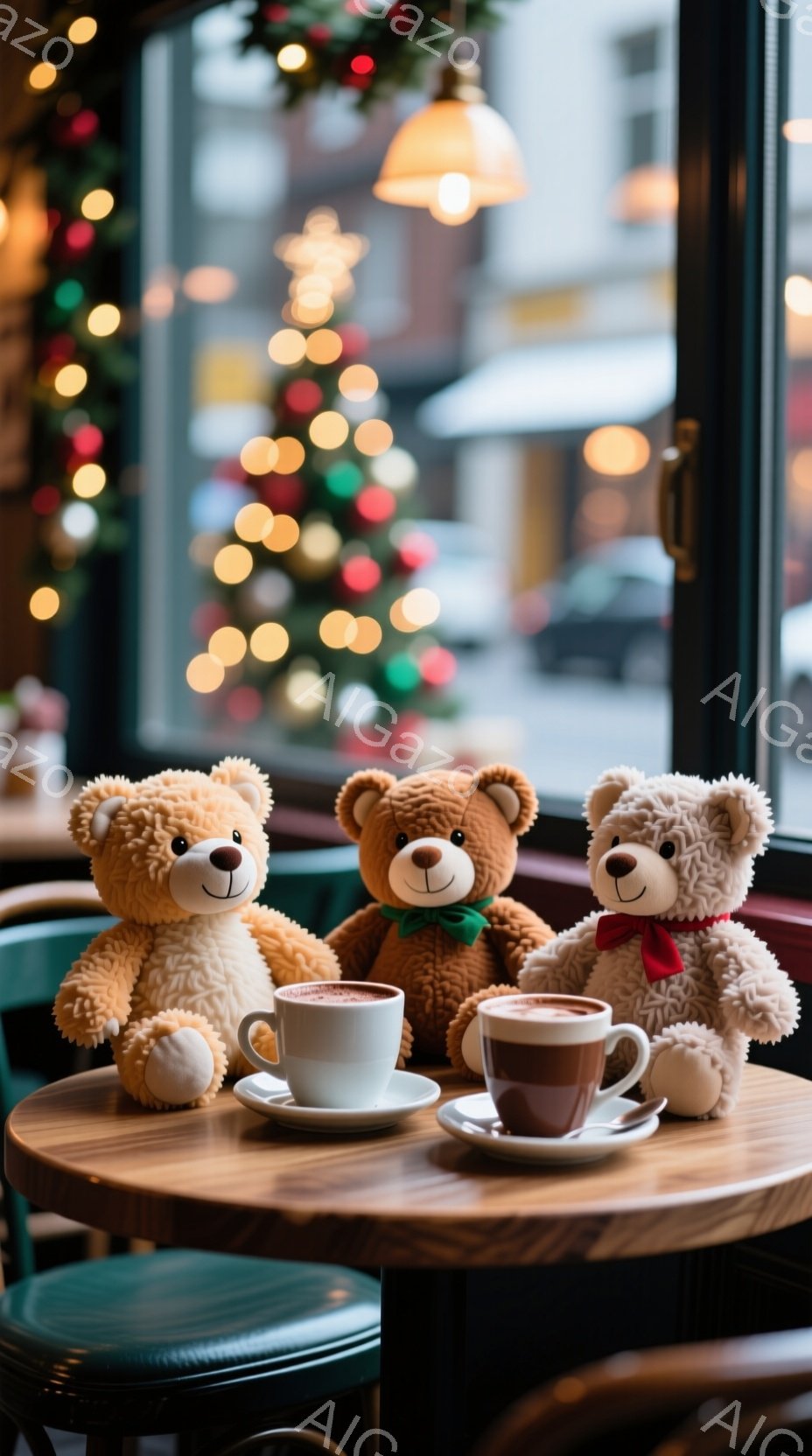 三匹のテディベアが丸い木製のテーブルに座り、それぞれコーヒーカップの前に座っています。背景にはぼやけたクリスマスツリーの光が輝き、テーブルと椅子は深い緑色で、居心地の良いカフェの雰囲気を醸し出しています。全体的に暖かく、お祭り気分を楽しんでいるような、可愛らしい光景です。