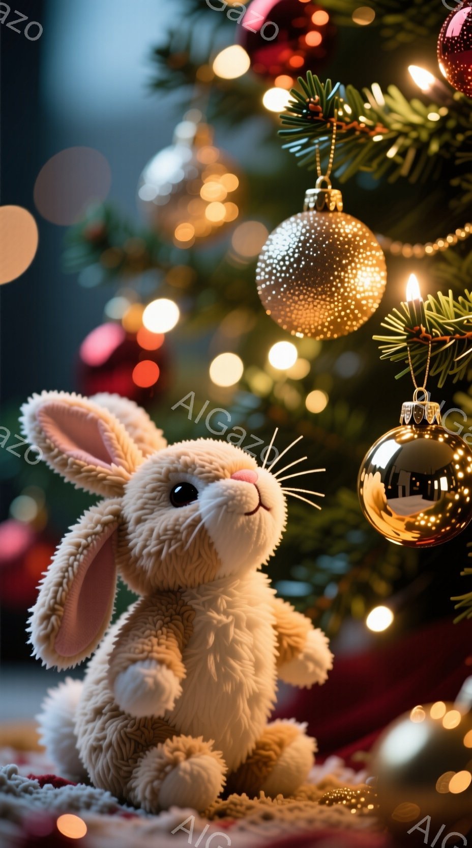 ふわふわのクリーム色のウサギのぬいぐるみは、赤い毛布の上に座ってこちらを見つめています。背景には、キラキラと輝くオーナメントで飾られたクリスマスツリーがあり、ぼやけた光が温かい雰囲気を醸し出しています - AI生成フリー素材