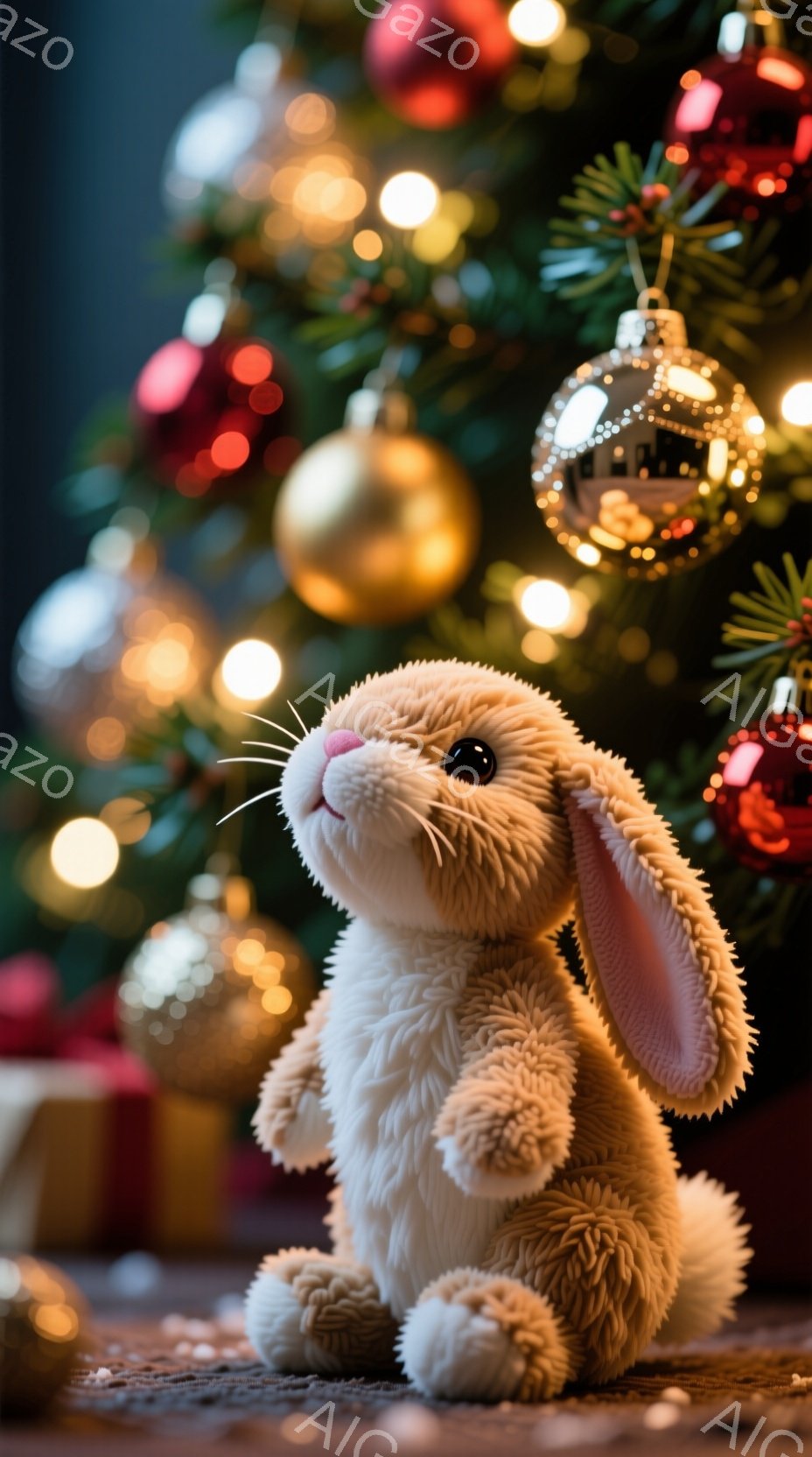 ふわふわのベージュ色のウサギのぬいぐるみは、クリスマスツリーの前で座って、少し上を見ている様子です。背景には、キラキラと光るオーナメントが飾られた緑のクリスマスツリーと、プレゼントの箱が見え、温かく幸 - AI生成フリー素材