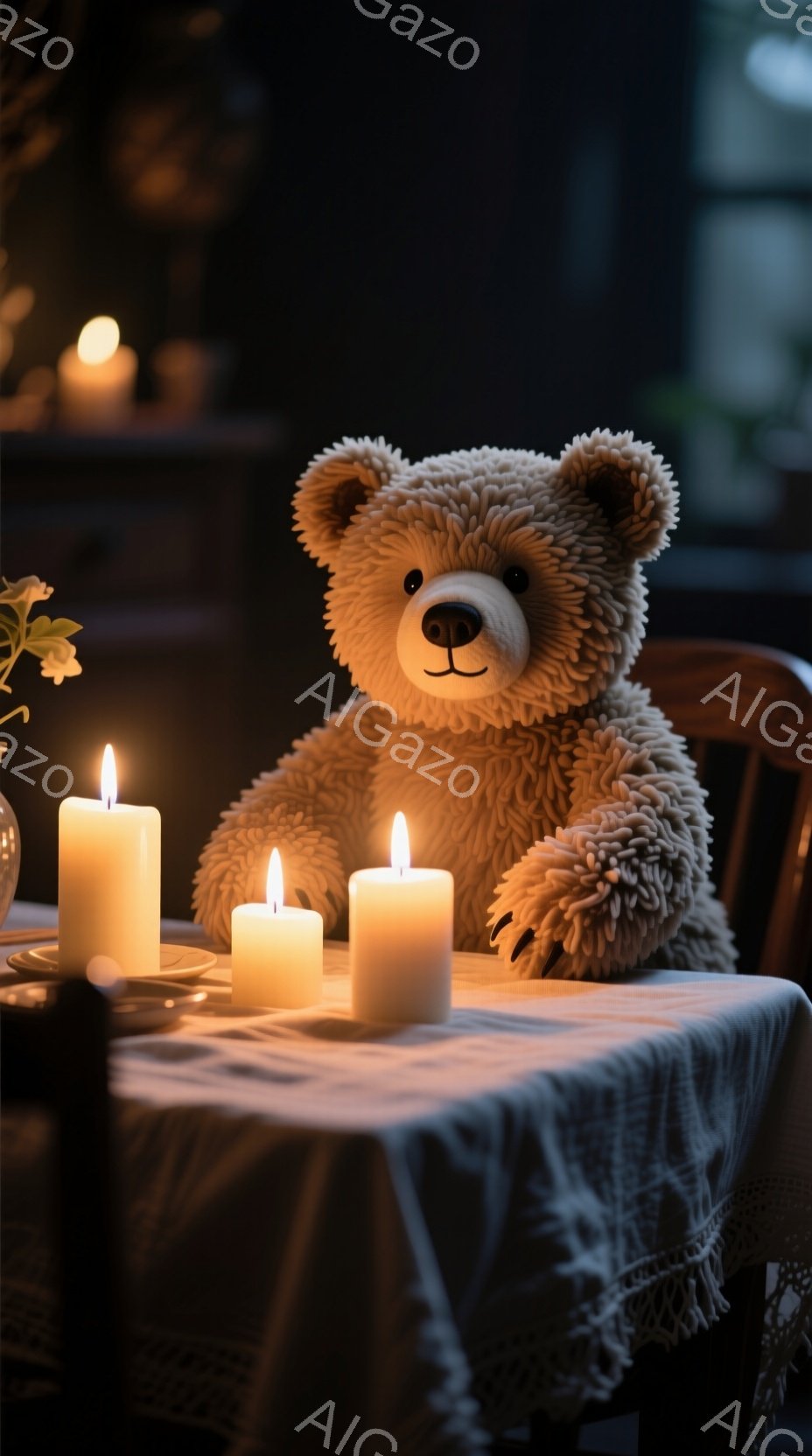 柔らかい毛並みのテディベアが、レースが縁取られたテーブルクロスの上に座っており、周りには数本の点灯したキャンドルが置かれている。暖かく、落ち着いた光がテディベアとキャンドルを照らし、背景は暗くぼやけて - AI生成フリー素材