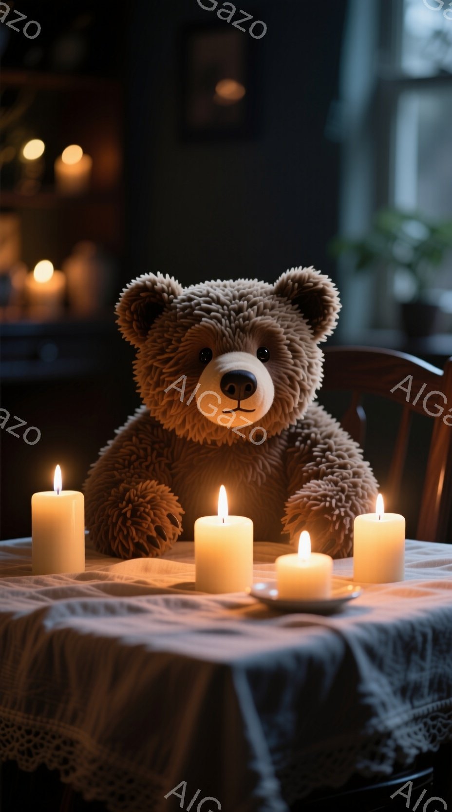 柔らかい茶色のテディベアがテーブルに座っており、周りには点灯したキャンドルが並んでいます。テーブルはレース編みのテーブルクロスで覆われ、背景はぼやけており、暖かく落ち着いた雰囲気を作り出しています。キ - AI生成フリー素材