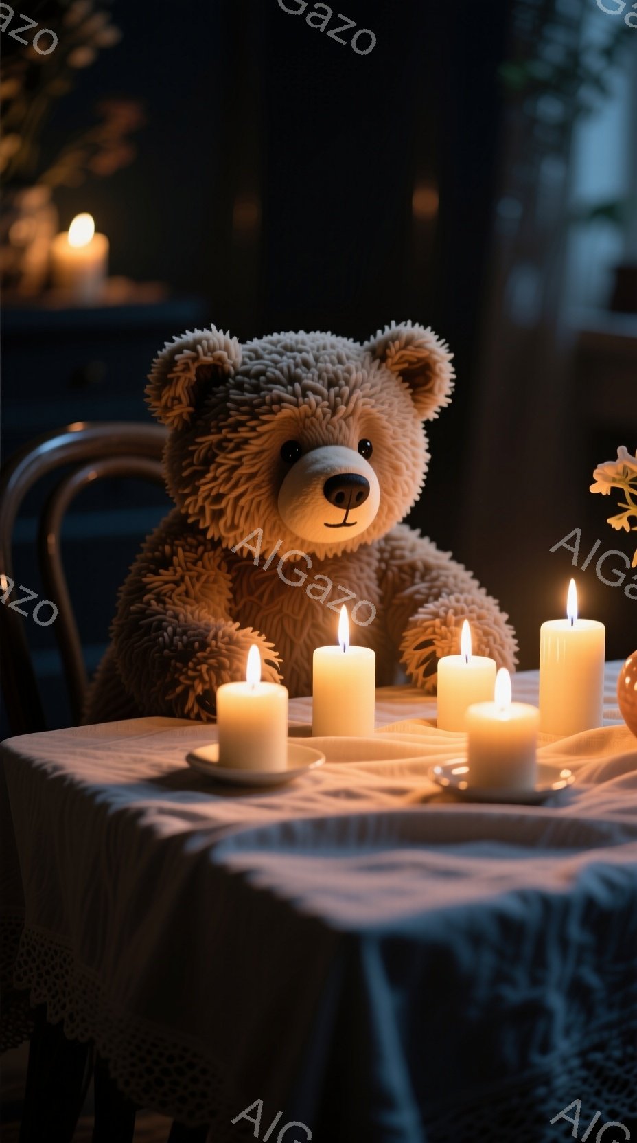 温かい光に照らされたダイニングテーブルの上に、毛並みの優しいテディベアが座っています。周囲には点在するキャンドルが幻想的な雰囲気を醸し出し、テーブルクロスの上に繊細なレース模様が見えます。背景は暗く、まるで静かな夜のディナーパーティーのような、落ち着いたムードが漂っています。