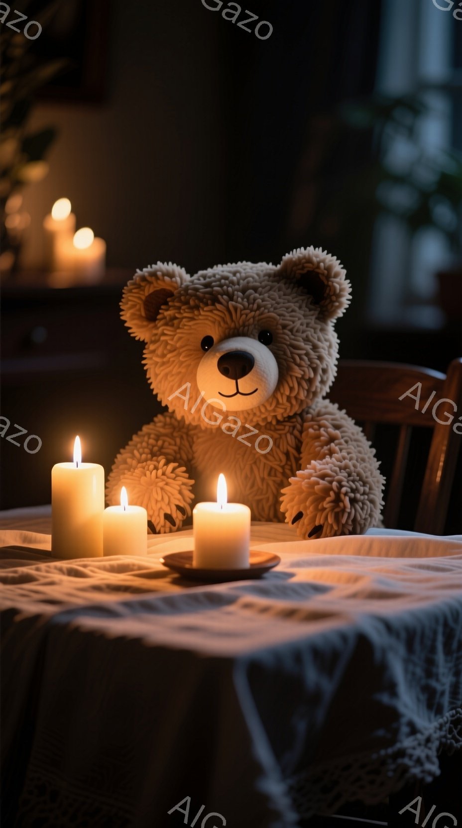 温かい光に包まれたテーブルの上に、ふわふわのテディベアが座っています。周りには灯されたキャンドルがいくつか置かれ、柔らかく幻想的な雰囲気を醸し出しています。背景はぼやけていますが、木製の椅子と暖色の照明が、穏やかで安らぎのある空間を演出しています。