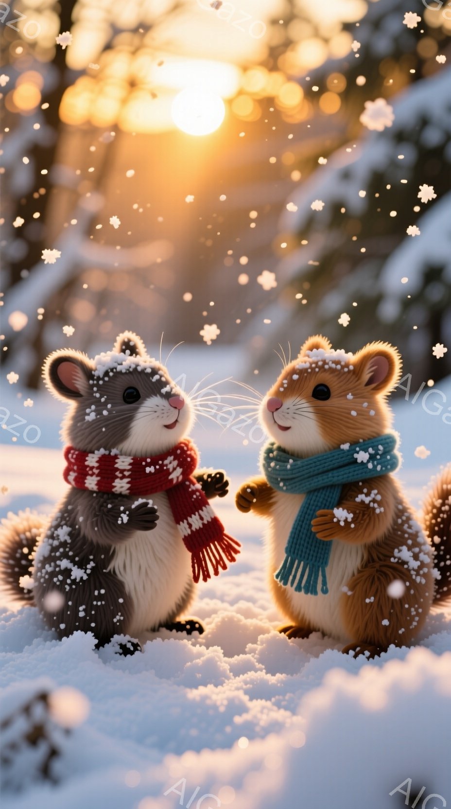 雪景色の中で、2匹のリスが並んで立っています。それぞれ赤い縞模様と青い縞模様のマフラーを巻いており、顔には微笑みが浮かんでいます。背景には雪で覆われた木々があり、夕焼けのような暖かな光が差し込んで、冬 - AI生成フリー素材