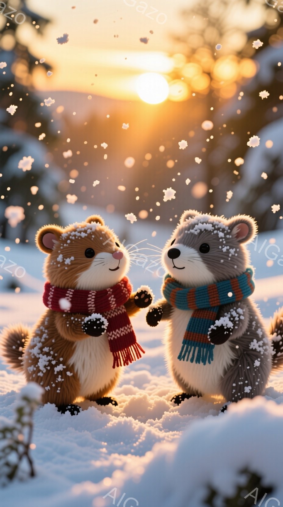 ふわふわの毛並みを持つ二匹のリスが雪の中で手をつないで寄り添っています。それぞれ赤い縞模様と青い縞模様の暖かいマフラーを巻いており、幸せそうな表情を浮かべています。背景には雪に覆われた木々が広がり、夕焼けのような暖かい光が降り注ぎ、穏やかで愛情に満ちた雰囲気が漂っています。