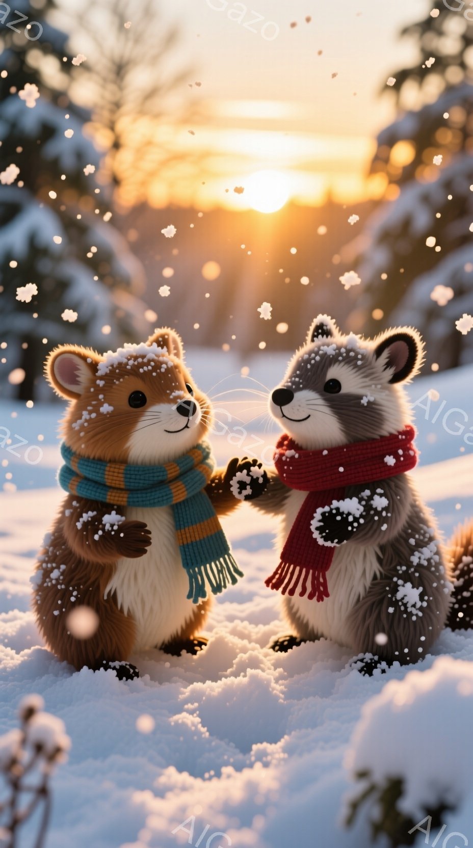 二匹の可愛いリスが雪の中で手をつないでいます。茶色い毛並みに、一匹は青いストール、もう一匹は赤いストールを巻いており、雪が少し頭に乗っています。背景は雪景色で、夕焼けのようなオレンジ色の光が差し込み、暖かく優しい雰囲気です。