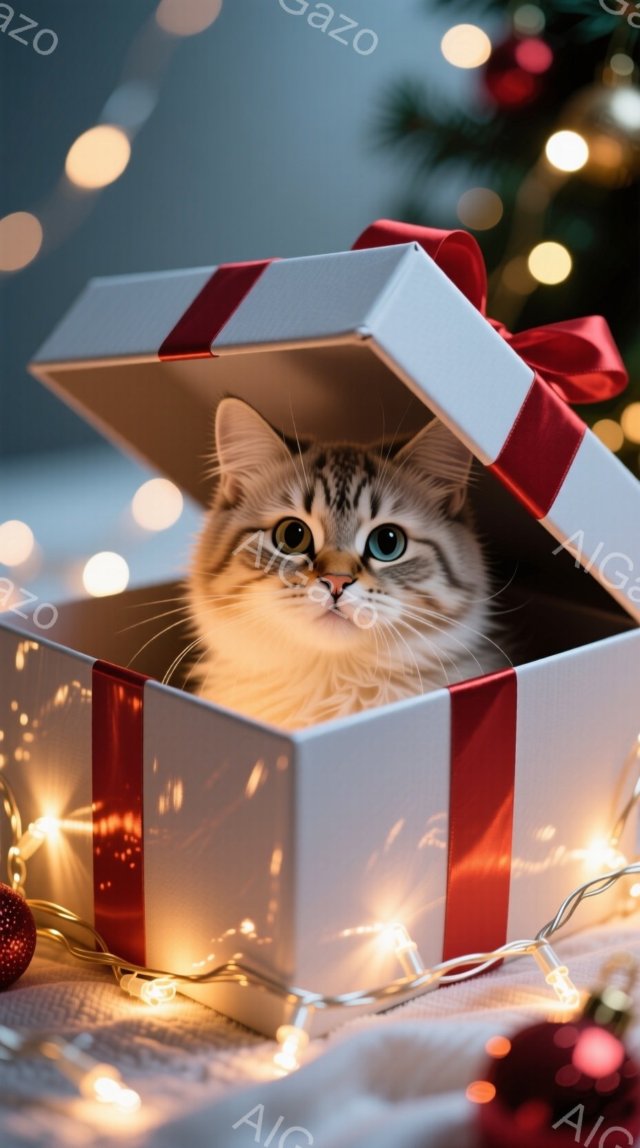 白地に赤いリボンで飾られたギフトボックスの中に、可愛らしい子猫が丸まって座っています。子猫は明るい青色の瞳でカメラを見つめ、少しいたずらっぽい表情をしています。背景にはぼやけたクリスマスツリーと輝く電飾があり、温かく、お祝いムードに満ちた雰囲気です。