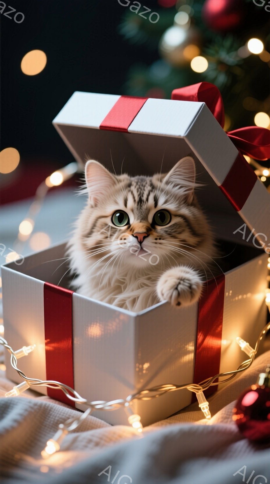 白いギフトボックスの中に、ふわふわの茶色と白の縞模様の猫が丸まって座っています。猫は少し好奇心旺盛な表情で、片方の前足を箱の外に出しています。背景にはぼやけたクリスマスツリーと、温かい光を放つ電飾があり、全体的に暖かく、お祝いの雰囲気です。