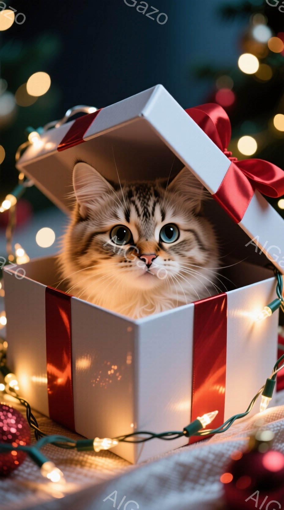 白いギフトボックスの中に、ふわふわの茶トラ猫が丸まって座っています。猫は大きな青い目をしてカメラを見つめ、好奇心と遊び心に満ちた表情をしています。背景にはぼやけたクリスマスツリーのライトが輝き、暖かく、お祝いムードに満ちた雰囲気を醸し出しています。