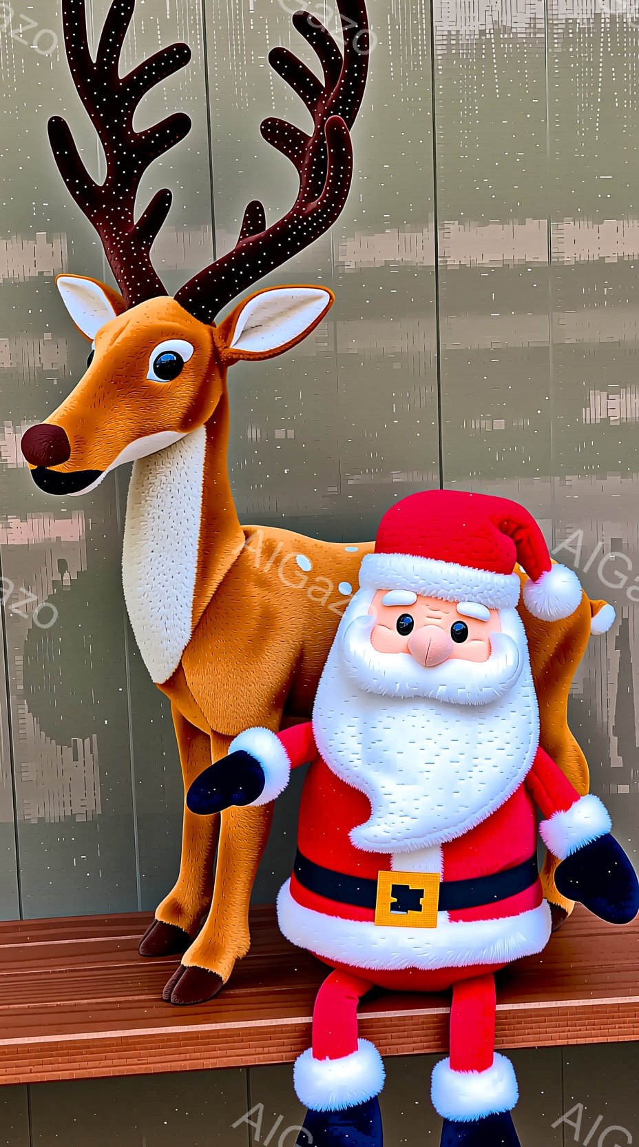 トナカイとサンタクロースの置物が、茶色の台の上に並んで立っています。サンタクロースは赤い帽子と服を着ており、白いひげとふっくらとした頬が特徴的です。背景は抽象的な模様の壁で、全体的に明るく、お祝いの雰囲気です。