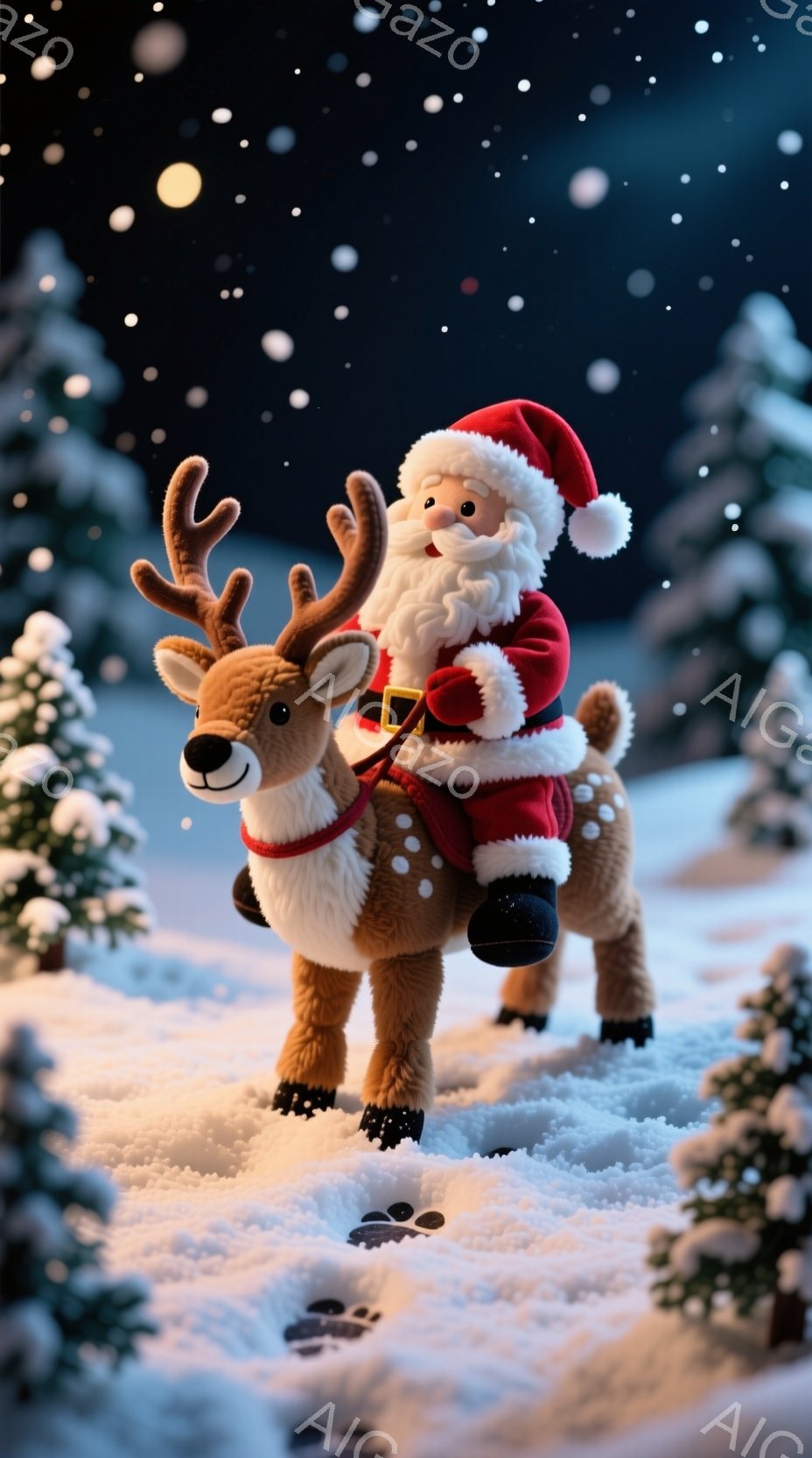 雪景色の中で、トナカイに乗ったサンタクロースが描かれています。サンタクロースは赤いスーツと帽子を身に着け、白いひげを生やし、笑顔で前を見つめています。背景には雪に覆われた木々があり、夜空には雪が舞い、 - AI生成フリー素材