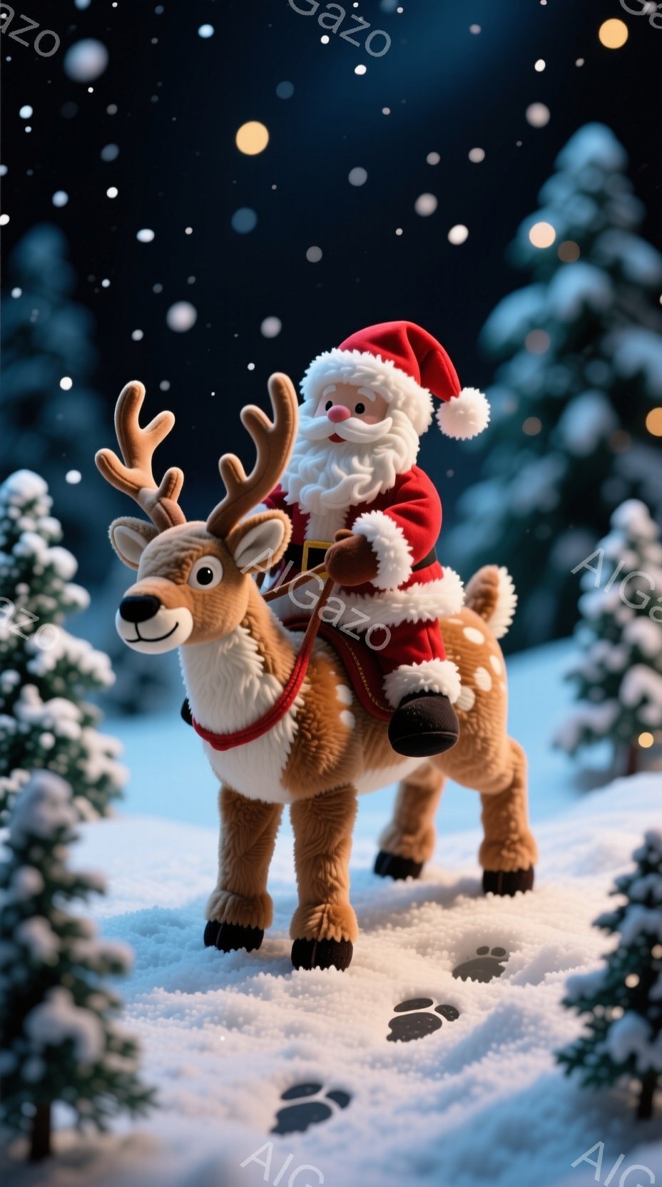 雪の降る夜、サンタクロースがトナカイに乗って進んでいます。サンタは赤いスーツと帽子を身につけ、白いひげを生やし、楽しそうな笑顔を浮かべています。背景には雪に覆われた松の木々が立ち並び、雪の足跡がサンタ - AI生成フリー素材