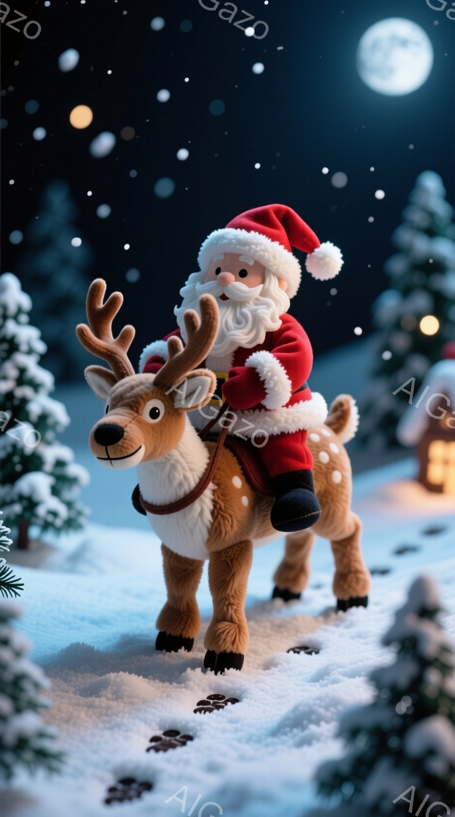 雪に覆われた風景の中に、サンタクロースがトナカイに乗って進んでいる様子が描かれています。サンタクロースは赤い衣装を身につけ、白いひげを蓄え、温かい笑顔を浮かべています。背景には雪で覆われた建物や木々が - AI生成フリー素材