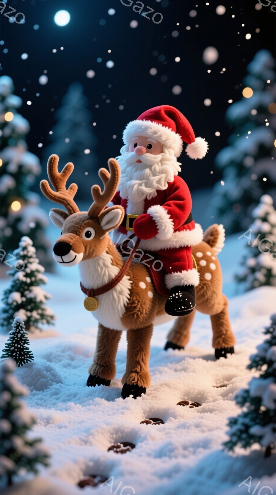 雪景色の中に、サンタクロースがトナカイに乗って進んでいる様子が描かれています。サンタクロースは赤い衣装に白いひげ、ふっくらとした顔をしており、優しげな笑顔を浮かべています。背景には雪に覆われた木々が立ち並び、空には明るい星が輝き、全体的に暖かく幻想的なクリスマスの雰囲気が漂っています。