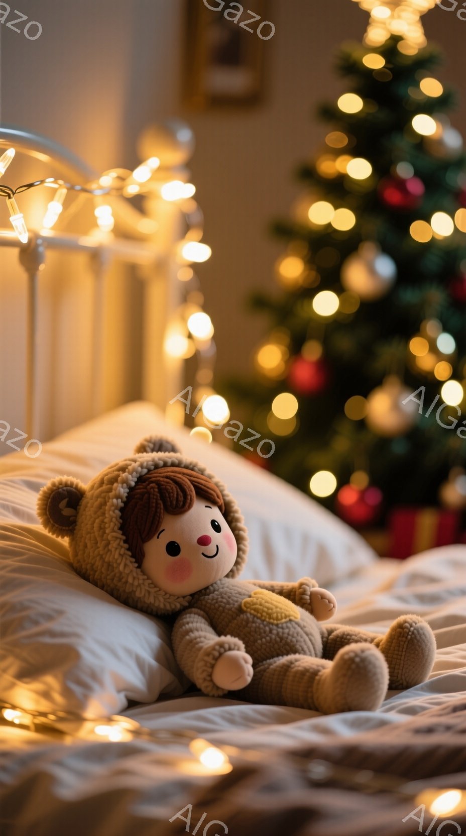 柔らかいクリーム色のベッドの上に、可愛らしいテディベアが座っています。テディベアは茶色の帽子のようなものを被っており、ほっぺは赤く、微笑んでいます。背景には、ぼやけたクリスマスツリーと、温かい光を放つストリングライトがあり、穏やかで居心地の良い雰囲気を醸し出しています。