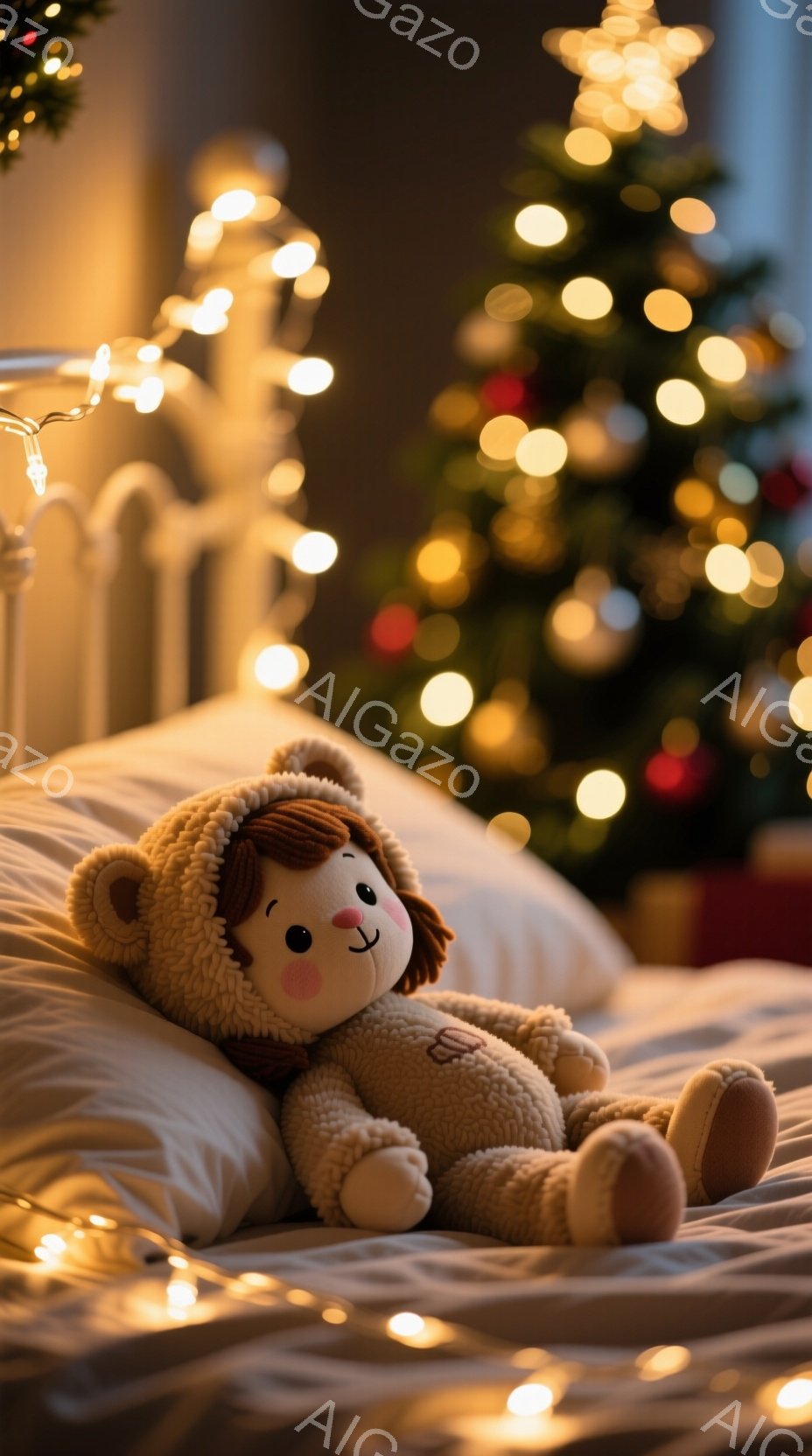 白いベッドの上に、ベージュ色のくまの着ぐるみを着たテディベアが仰向けに横たわっています。テディベアは頬を赤らめ、穏やかな表情を浮かべており、背景にはぼやけたクリスマスツリーの光が温かい雰囲気を醸し出し - AI生成フリー素材