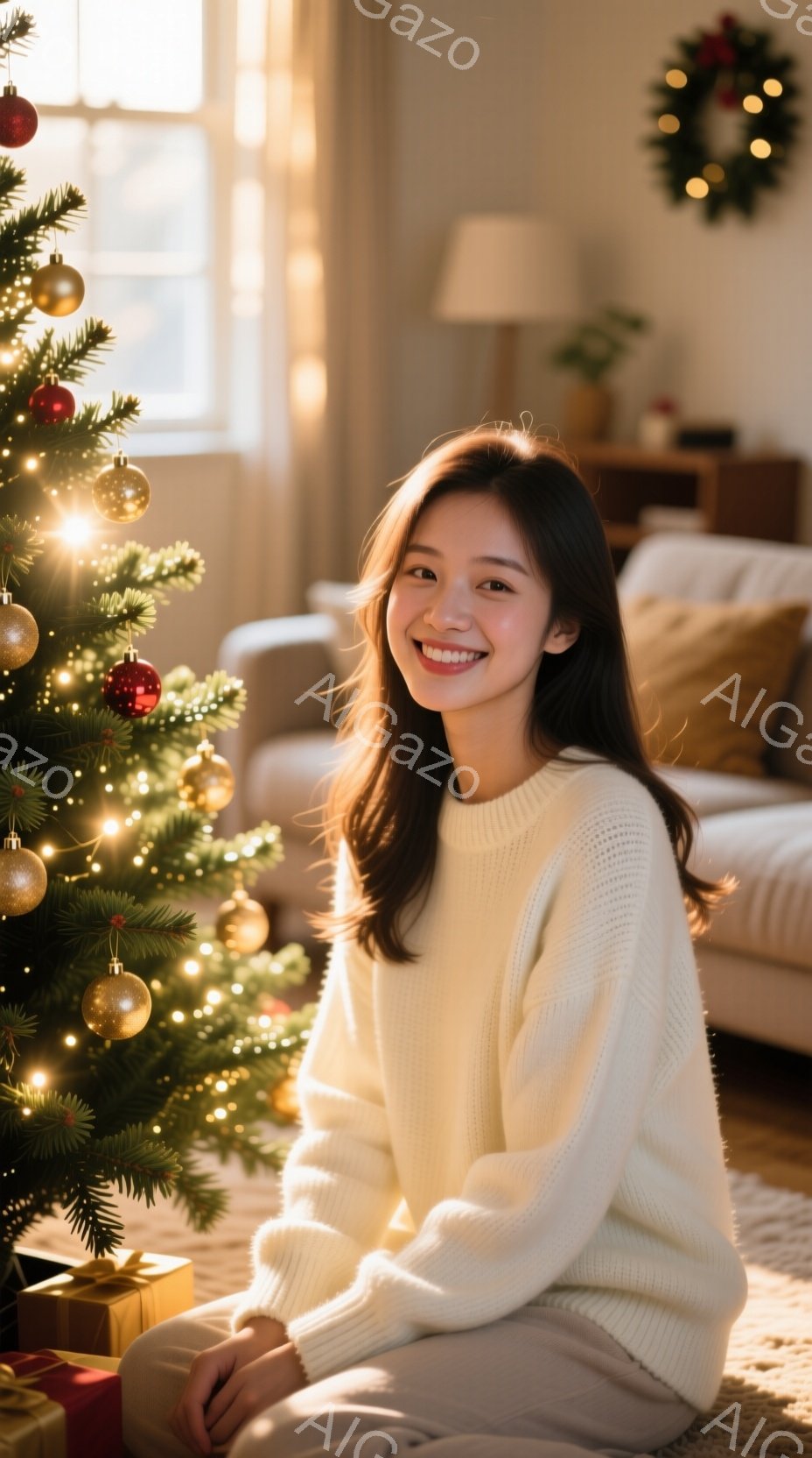 白いセーターを着た若い女性が、クリスマスツリーの前に座っています。彼女は微笑んでおり、髪は肩にかかる長さで自然なウェーブがかかっています。背景には、装飾されたクリスマスツリー、ソファ、そして暖かく穏や - AI生成フリー素材