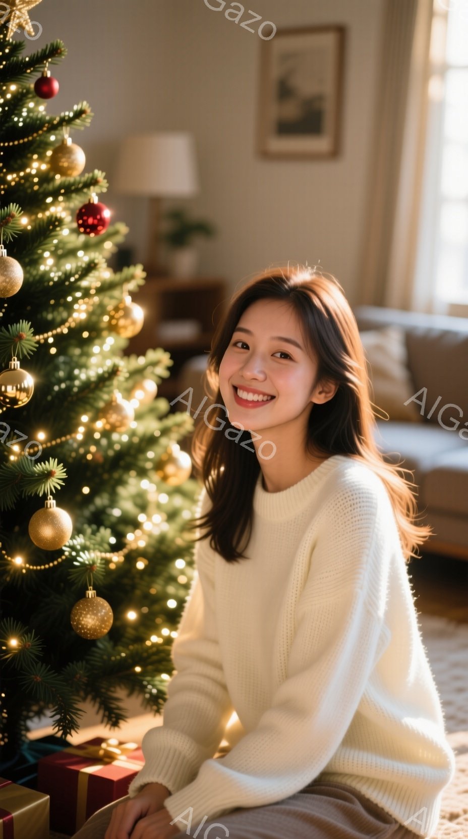 彼女は白いセーターを着て、クリスマスツリーの前に座っています。笑顔でカメラを見つめており、髪は肩まで伸びたブラウンヘアです。背景には、暖色系のソファや植物、そしてぼんやりとした壁が見え、全体的に温かく - AI生成フリー素材