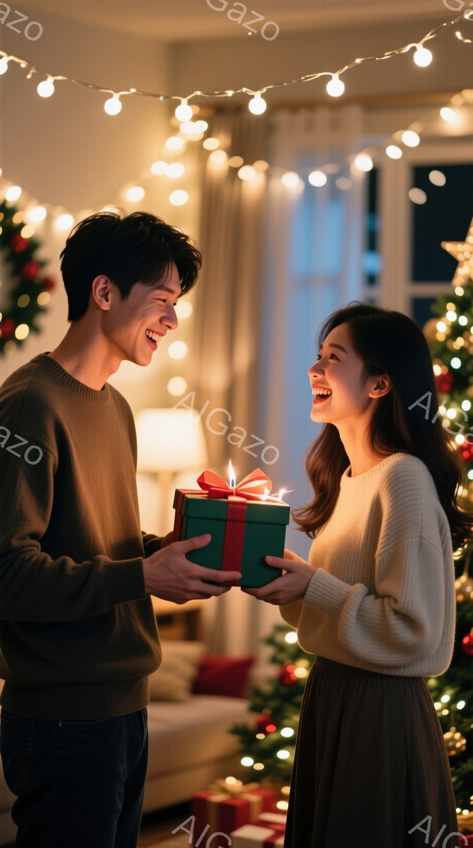 若い男女がクリスマスプレゼントを交換し合っています。男性は緑色のリボンと装飾が施されたギフトボックスを女性に手渡しており、女性は笑顔でそれを受け取ろうとしています。背景にはクリスマスツリーや電飾が飾ら - AI生成フリー素材