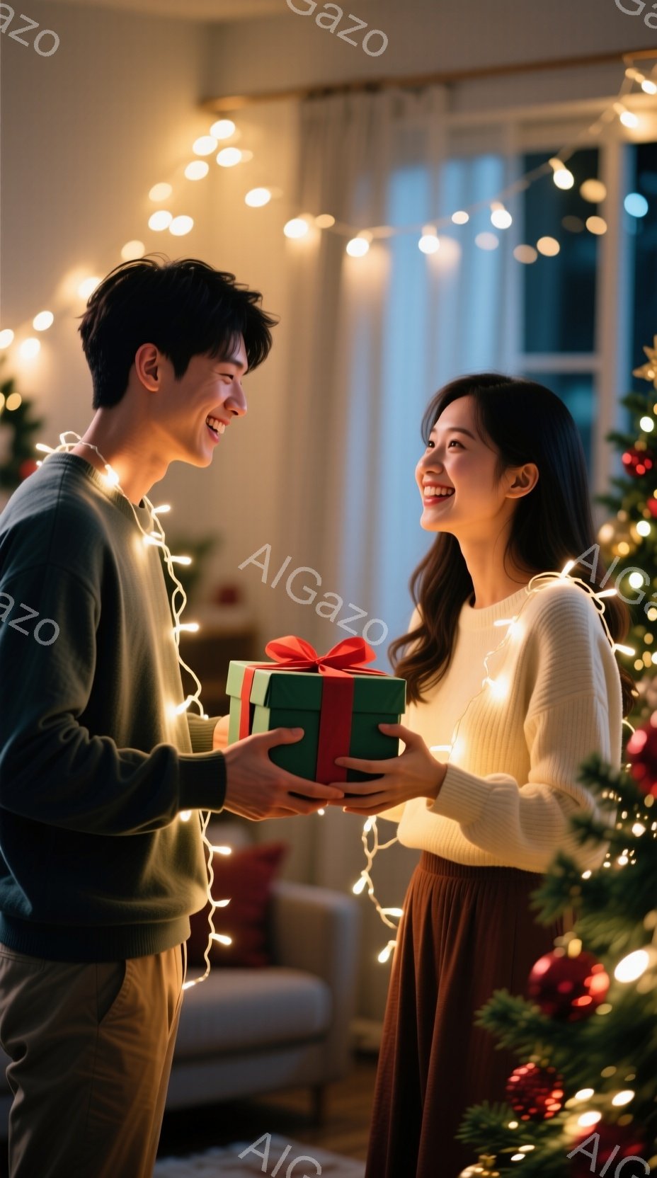 室内で、若い男性が若い女性に緑色のリボンが付いたプレゼントを手渡している。男性はネイビーのセーターとベージュのパンツ姿で、女性はオフホワイトのニットとブラウンのスカートを着用し、共に微笑んでいる。背景にはクリスマスツリーと、部屋を飾り付ける温かい光のストリングライトが見え、全体的に温かく、愛情に満ちた雰囲気が漂っている。