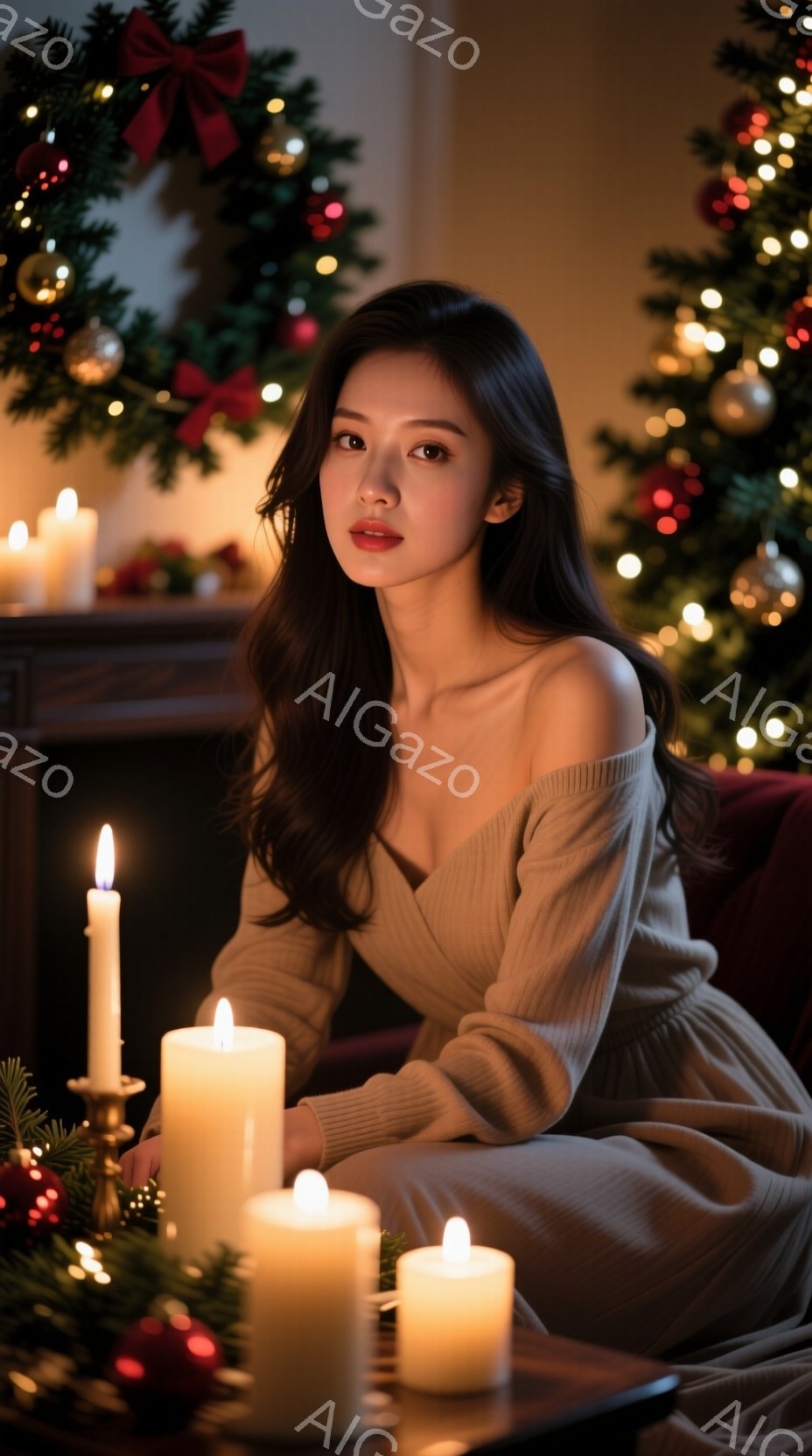 長い黒髪を肩から垂らし、オフショルダーのベージュのセーターを着た女性が、優しい表情でこちらを見ている。彼女は赤いベルベットのソファに座り、周囲には様々な大きさの火の灯ったキャンドルが置かれている。背景 - AI生成フリー素材
