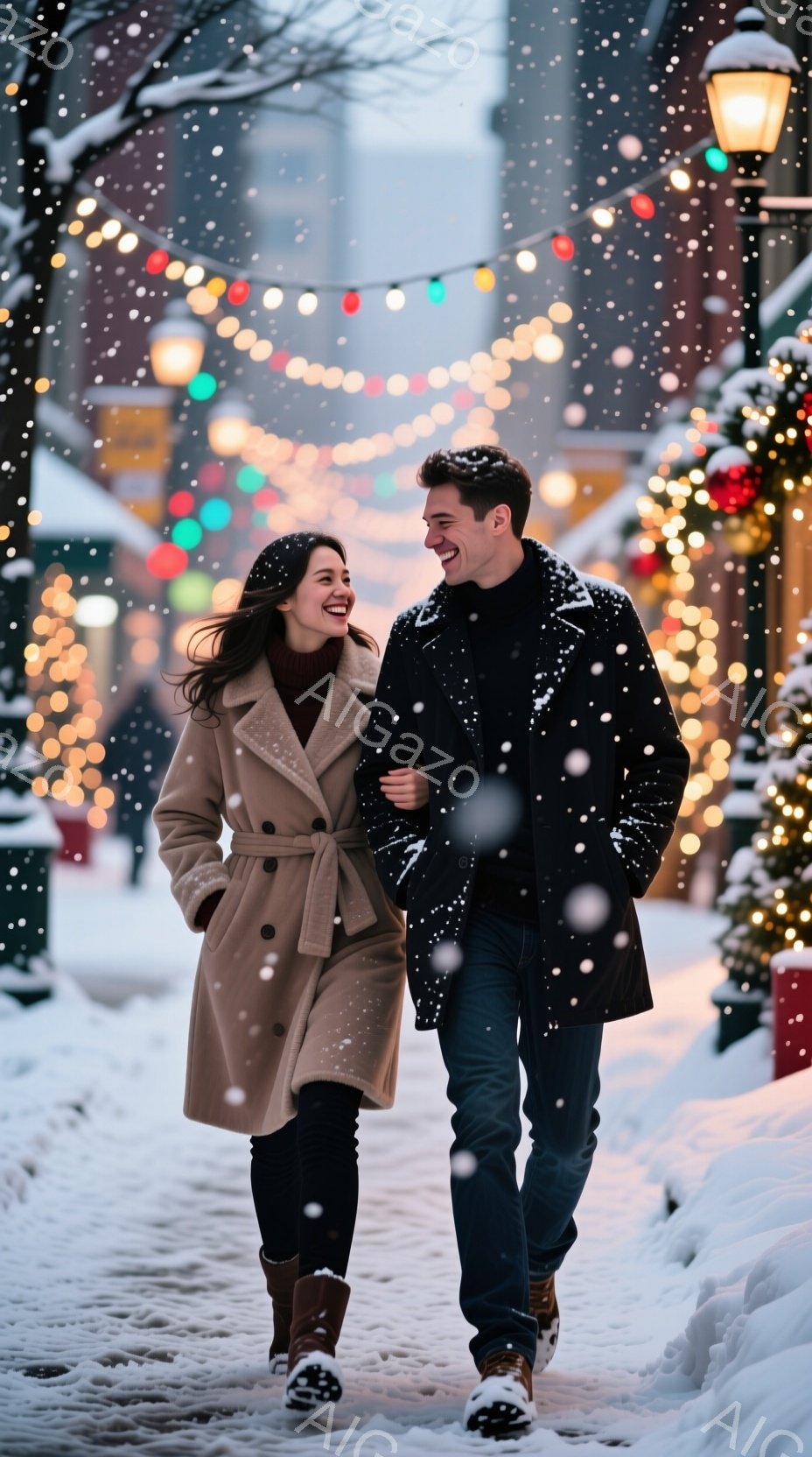 雪が舞う街路を、若い男女が寄り添いながら歩いている。女性はベージュ色のコートに黒いブーツを履き、笑顔を見せている。男性は黒いコートとジーンズ姿で、女性を見て楽しそうに笑っている。背景には、クリスマスツ - AI生成フリー素材