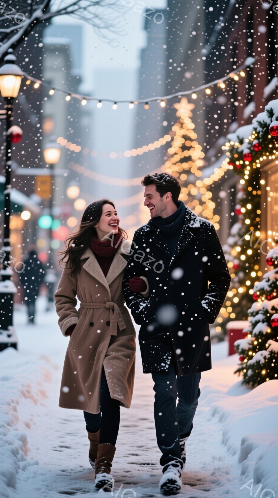 雪が降る街を、笑顔で歩く男女が写っている。女性はベージュ色のコートに茶色のブーツを履き、長い茶色の髪を肩から下ろしている。男性は黒いコートとジーンズ姿で、女性と並んで歩きながら楽しそうに笑っている。