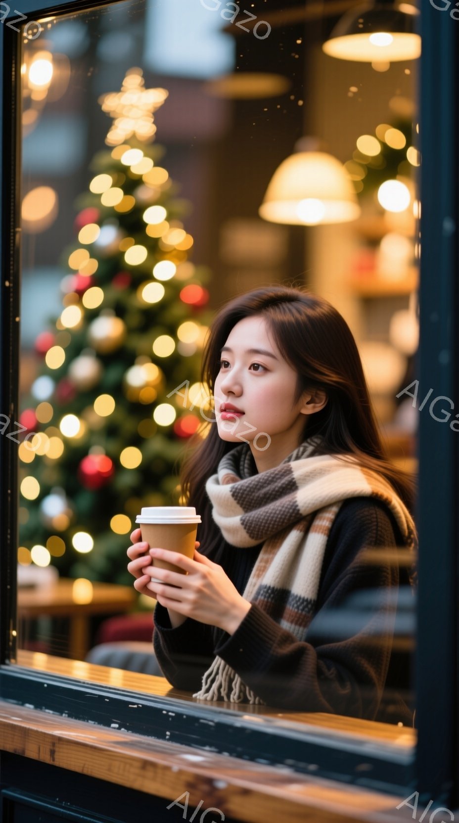 長い黒髪を肩にかける女性が、暖かい飲み物を手に窓の外を見つめている。 黒いセーターとベージュのチェック柄のマフラーを身に着け、少し物憂げな表情を浮かべている。 背景にはぼやけたクリスマスツリーの光が広 - AI生成フリー素材