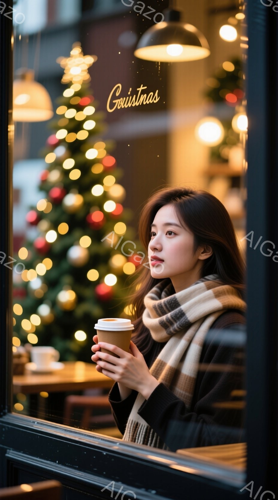 長いダークブラウンの髪は肩にかかり、頬にふんわりと触れています。彼女は黒いセーターと、ベージュと黒のチェック柄の暖かいスカーフを身に着け、片手に紙コップに入った温かい飲み物を持っています。背景にはクリ - AI生成フリー素材