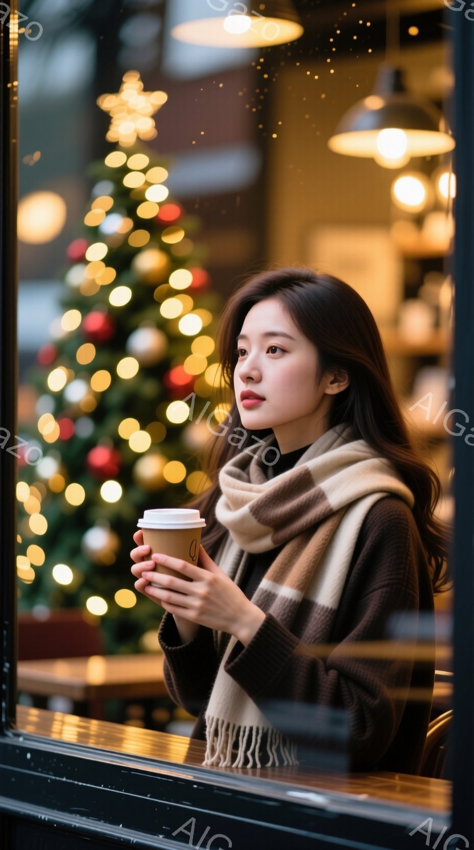 長いダークブラウンの髪を無造作に垂らし、チェック柄の暖かいスカーフを巻いた若い女性が描かれています。彼女は紙コップに入った飲み物を両手で抱え、少し物憂げな表情で窓の外を見つめています。背景にはぼやけた - AI生成フリー素材