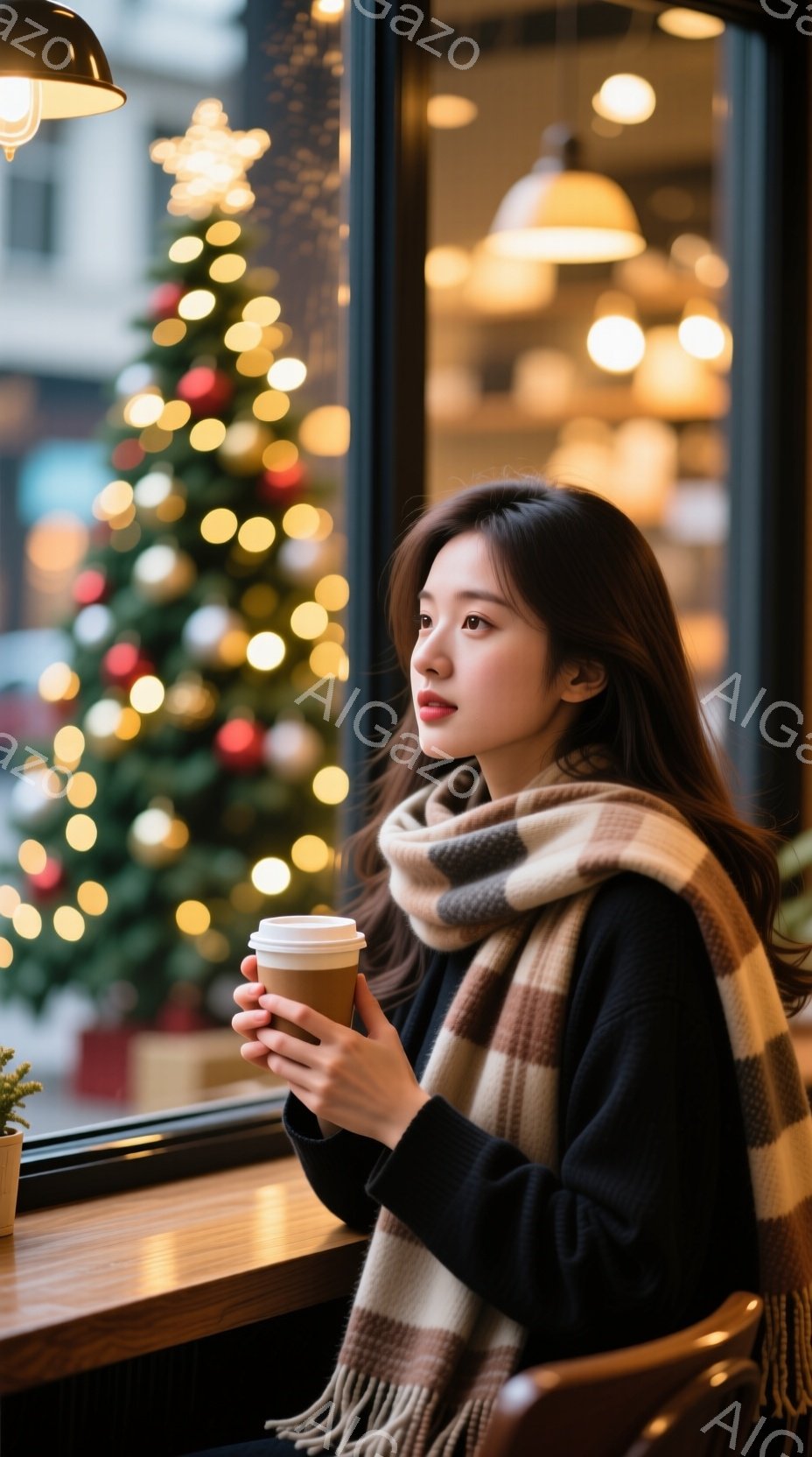 長い黒髪を肩にかける女性が、窓辺に座り、片手に紙コップを持っています。彼女は黒いセーターとベージュのチェック柄のストールを身につけ、少し物憂げな表情で外を眺めています。背景にはクリスマスの飾り付けがされた木がぼやけて見え、暖かく穏やかな冬の雰囲気が漂っています。