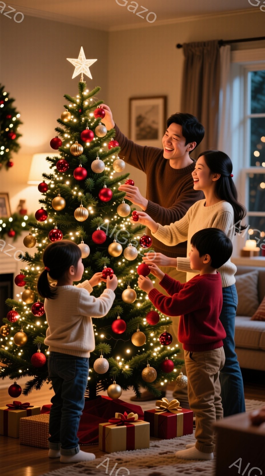 クリスマスツリーの周りにプレゼントが置かれ、家族が飾り付けを楽しんでいる様子が描かれています。母親は白いセーターを着て髪を後ろでまとめ、笑顔で赤いオーナメントを飾る娘を見守っています。父親は赤いシャツ - AI生成フリー素材