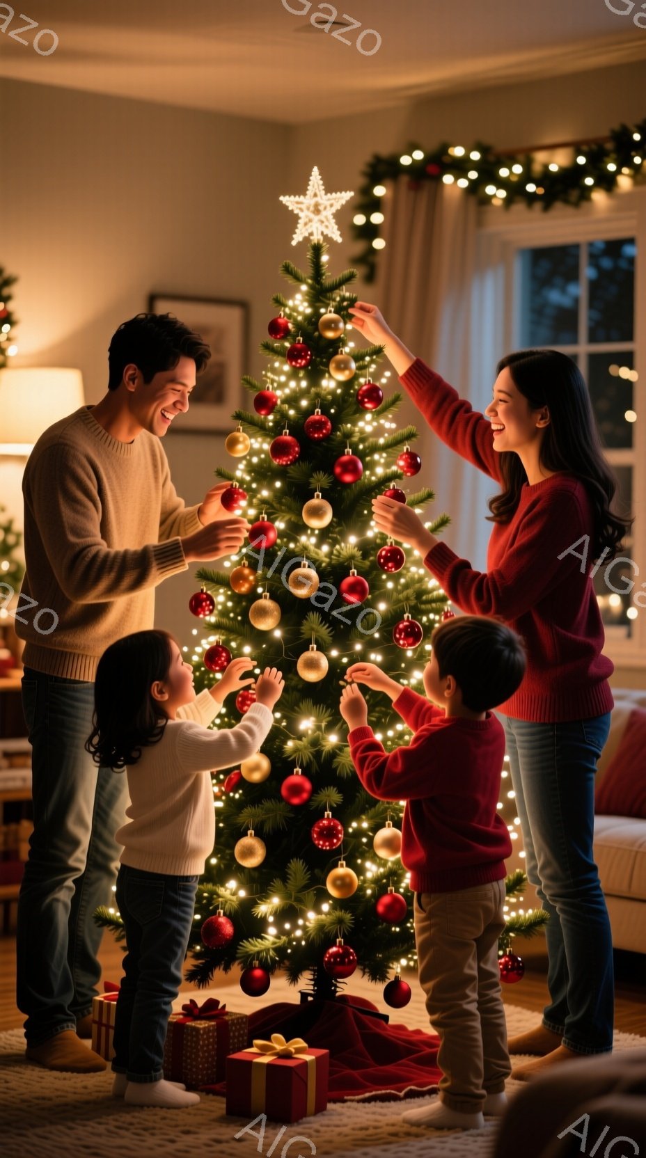 家族がクリスマスツリーを飾り付けている様子が写っています。父親はベージュのセーターとジーンズを着ており、娘に赤いオーナメントを渡しながら微笑んでいます。母親と息子もそれぞれ赤いセーターと白いセーターを - AI生成フリー素材