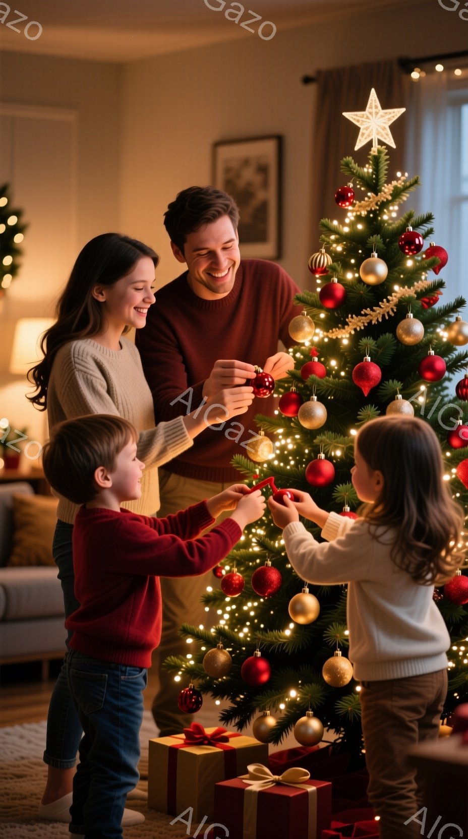 家族四人がクリスマスツリーの飾り付けを楽しんでいる様子が写っている。母親は笑顔で赤いオーナメントをツリーに飾り、父親は子供たちを見守りながら別のオーナメントを取り付けている。背景にはプレゼントが積み重 - AI生成フリー素材