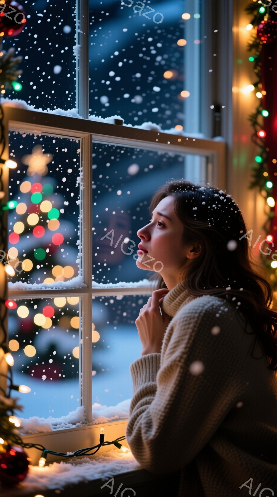 長い暗い髪を無造作に後ろにまとめた女性が、窓枠に寄りかかり、外を眺めている。白い厚手のセーターを着ており、頬を両手で抱え、物思いにふけるような表情をしている。窓の外は雪が降り積もり、ぼやけたクリスマス - AI生成フリー素材