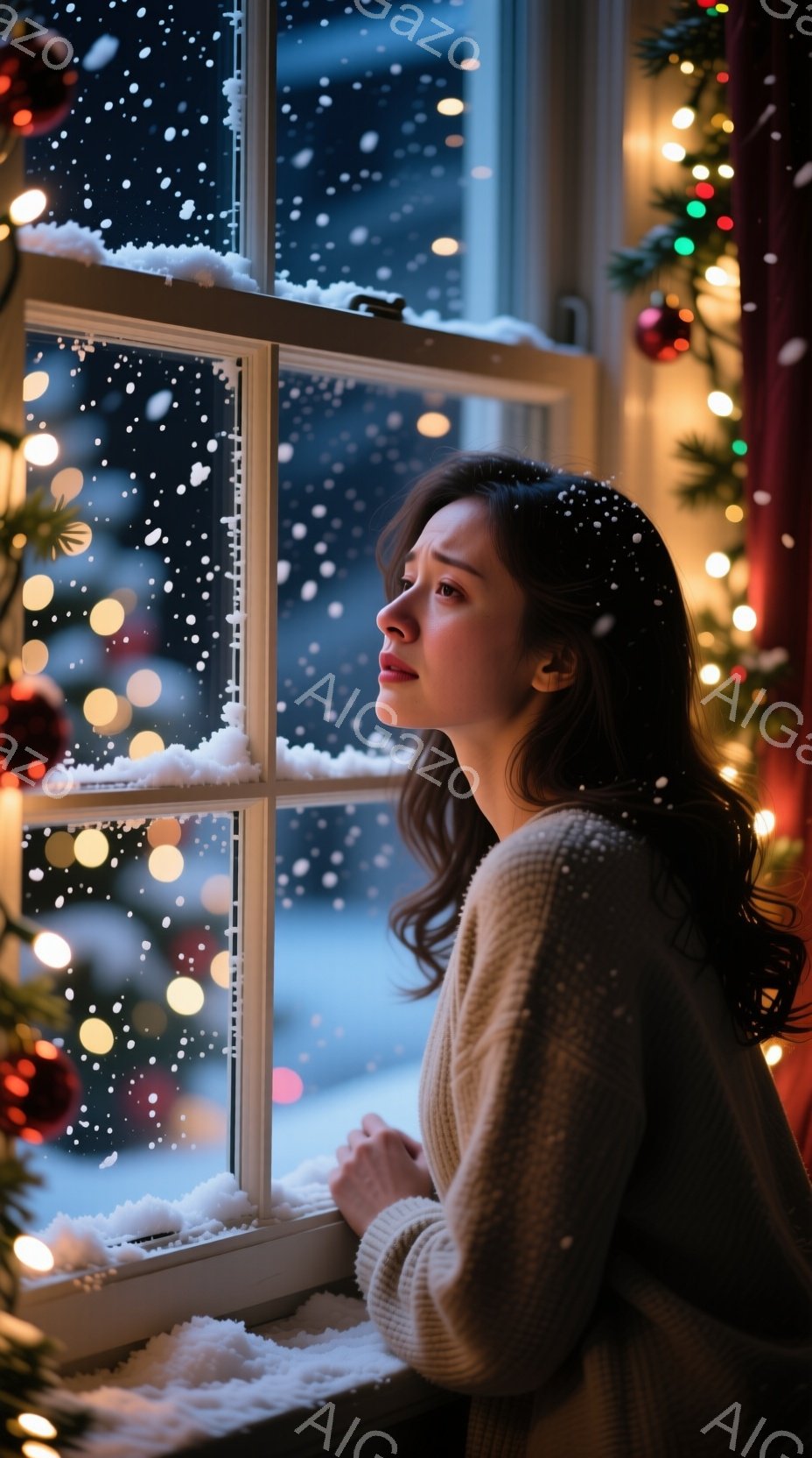 長いダークブラウンの髪を持つ女性が窓辺に立っており、優しい表情で外を見つめています。彼女はオフホワイトの厚手のニットセーターを着ており、リラックスした姿勢で腕を組んでいます。背景には雪が降り積もり、窓 - AI生成フリー素材