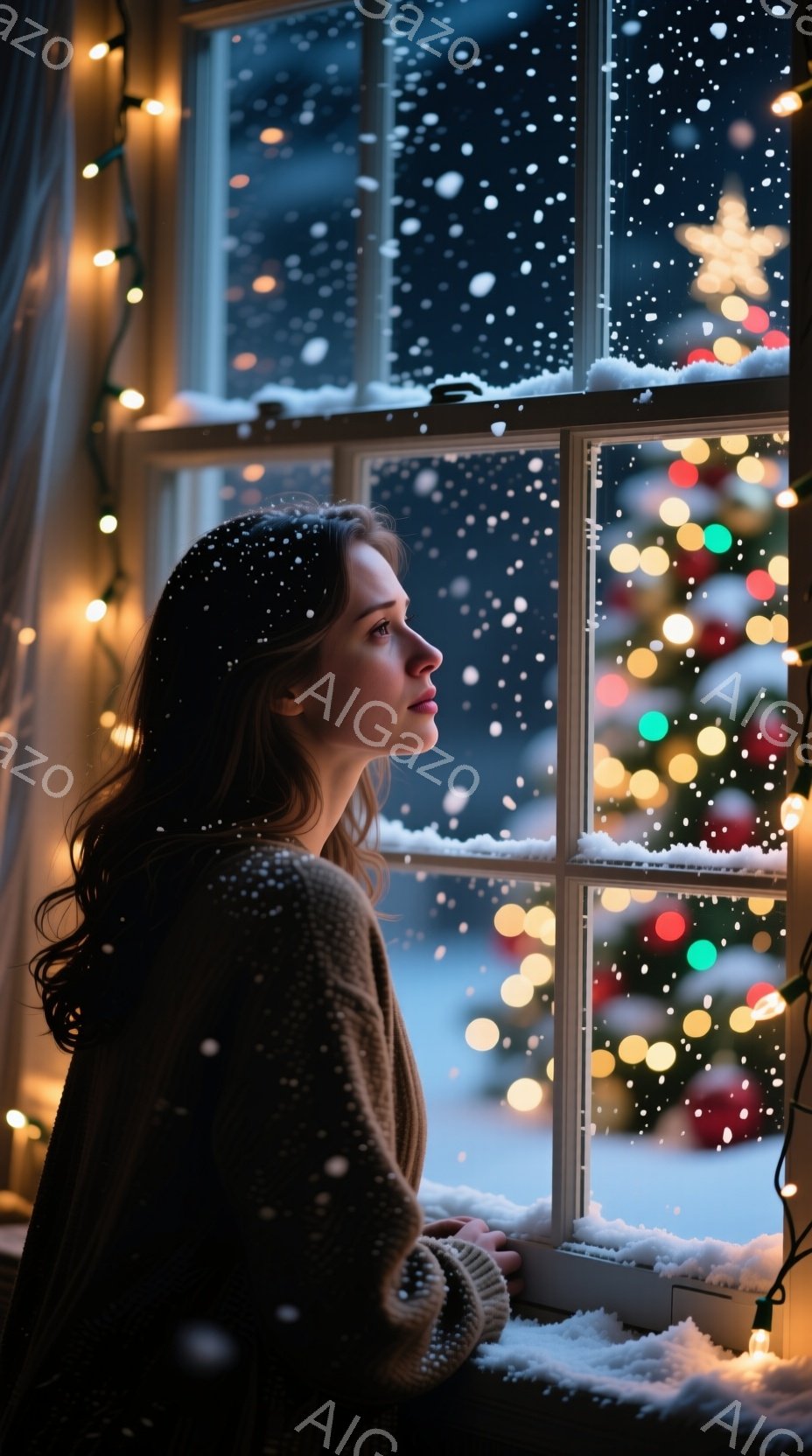 長い茶色の巻き毛の女性が窓辺に立っており、暖かいセーターを着ています。彼女は少し悲しそうな表情で外を見つめており、窓枠には雪が積もっています。背景にはぼやけたクリスマスツリーの光がちらつき、雪が降る静 - AI生成フリー素材
