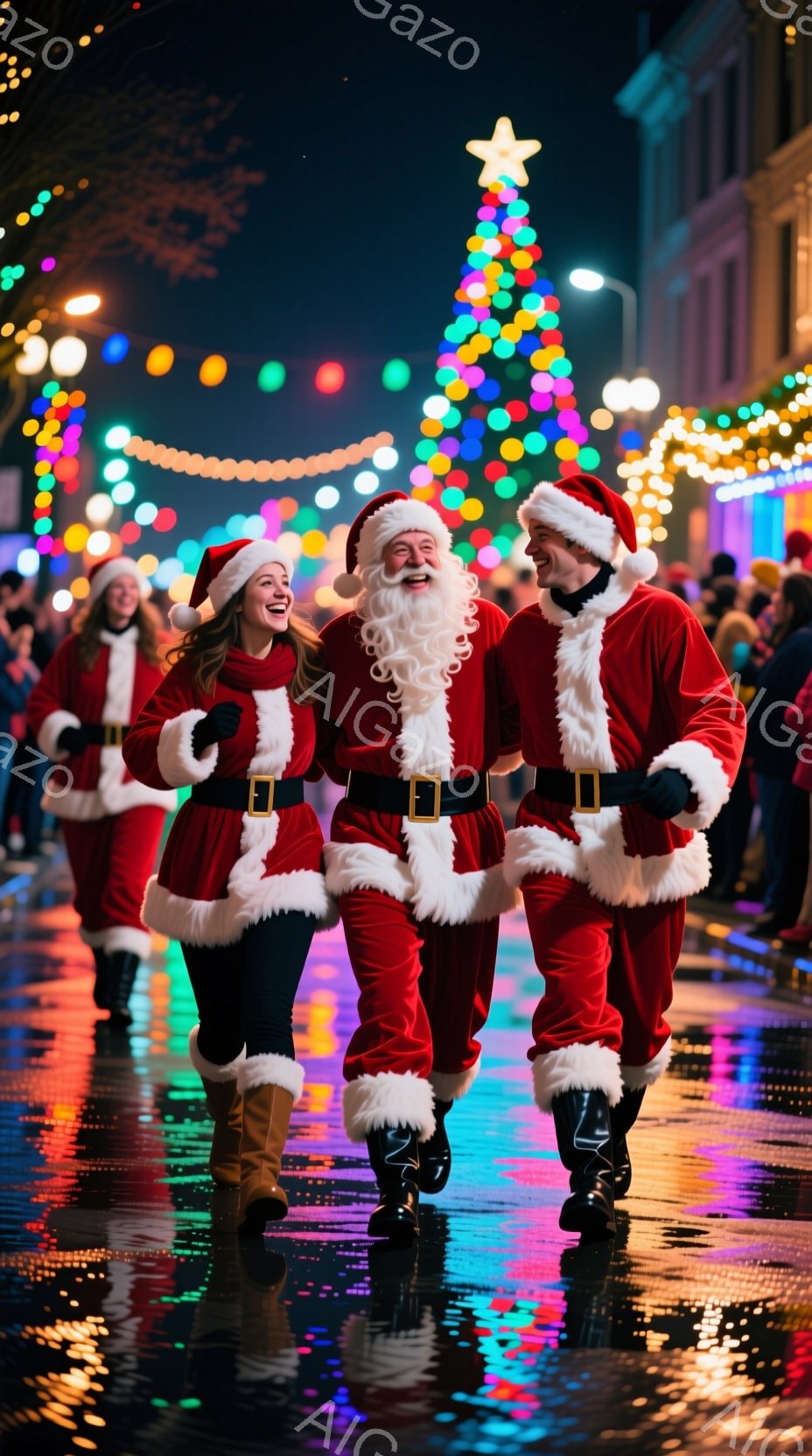 クリスマスの衣装を着た3人が写っています。女性は赤い帽子とコート、白い毛皮のトリムが付いており、笑顔で歩いています。背景には、きらめくクリスマスツリーと、濡れた石畳の道、そして遠くに見える建物がぼやけ - AI生成フリー素材