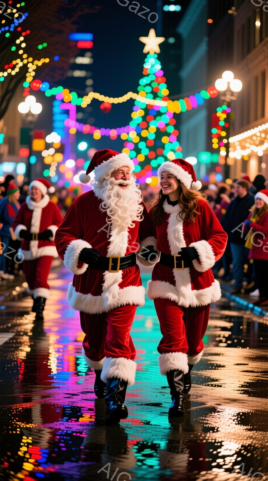 鮮やかなクリスマス装飾が施された街中で、サンタクロースの衣装を着た男性と女性が楽しそうに歩いている。男性は白いひげを生やし、女性は茶色の巻き髪で、両者とも満面の笑みを浮かべている。背景には、クリスマス - AI生成フリー素材