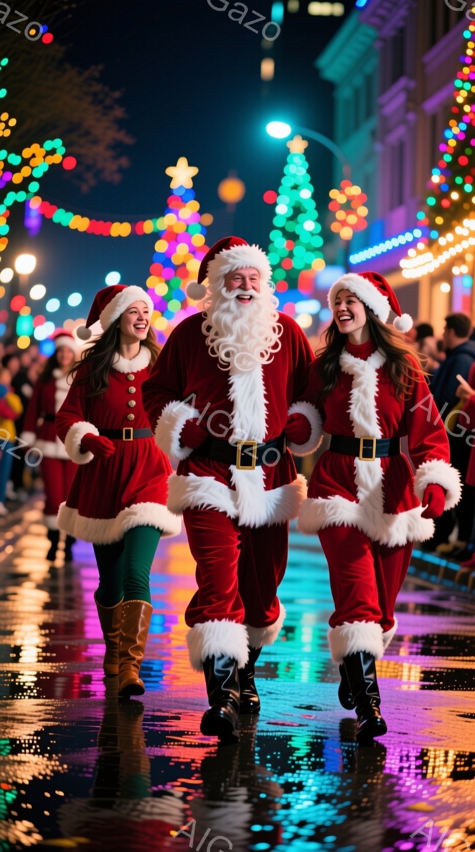 サンタクロースの格好をした３人が、きらびやかな夜の街を歩いている。女性たちは緑色のタイツとブーツを履き、赤い衣装に白いファーのトリムが施され、笑顔を見せている。背景には、様々な色のライトで飾られた建物や木々がぼやけ、街全体がクリスマスムードに包まれている。