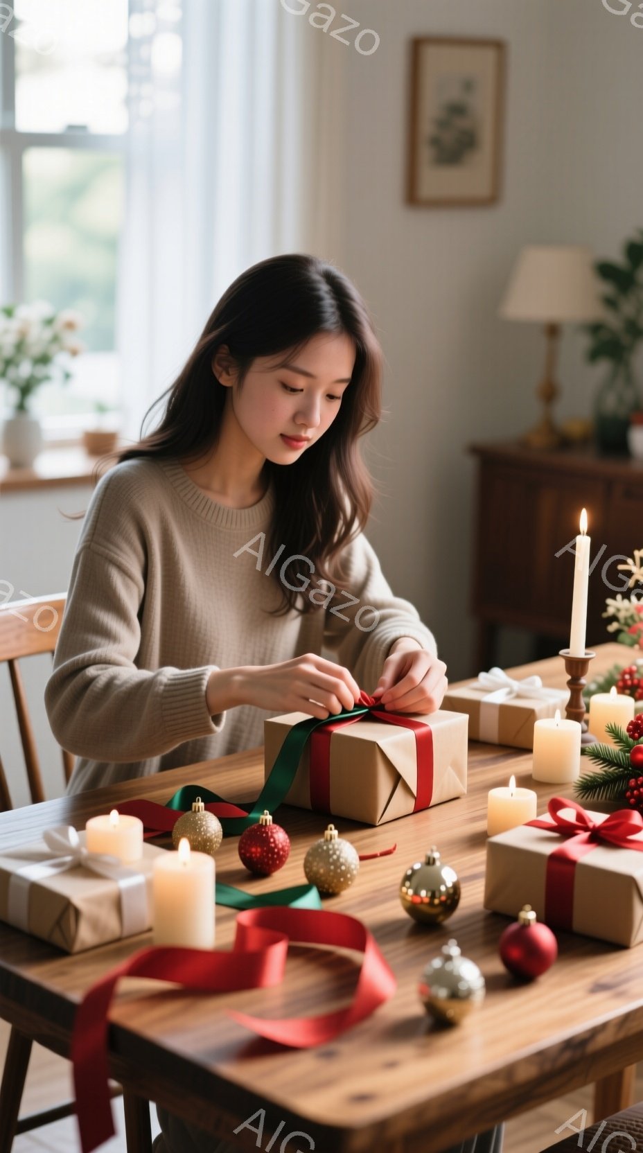 女性はベージュのセーターを着て、プレゼントのラッピングに集中しています。彼女は黒髪で、少しうつむき加減で、リボンを結ぶ作業に取り組んでいます。木製のテーブルの上には、ラッピングされたプレゼント、キャン - AI生成フリー素材