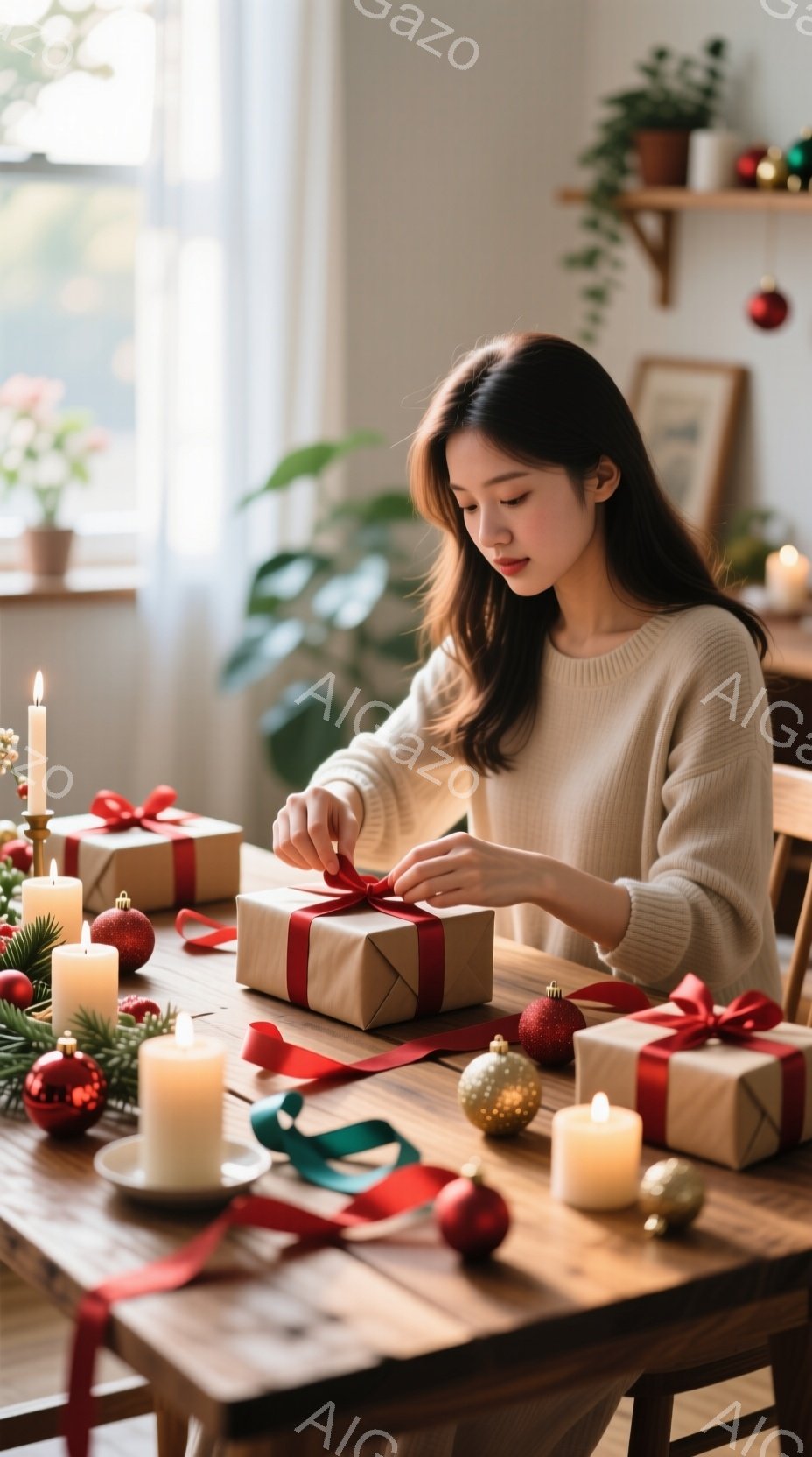 長い髪をダラリと垂らした女性が、木のテーブルの上でプレゼントをリボンでラッピングしている。彼女はクリーム色のセーターを着ており、集中した表情で丁寧に作業に取り組んでいる。背景には、クリスマスツリーの飾りやキャンドルが置かれ、温かく穏やかなクリスマスの雰囲気が漂っている。
