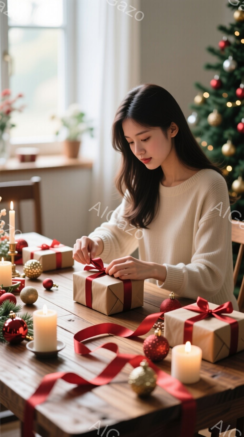 長い黒髪をなびかせた女性が、茶色の包装紙で包まれたプレゼントに赤いリボンを結んでいます。彼女は白いセーターを着ており、少し微笑んでいるように見えます。背景にはクリスマスツリーやキャンドル、オーナメント - AI生成フリー素材