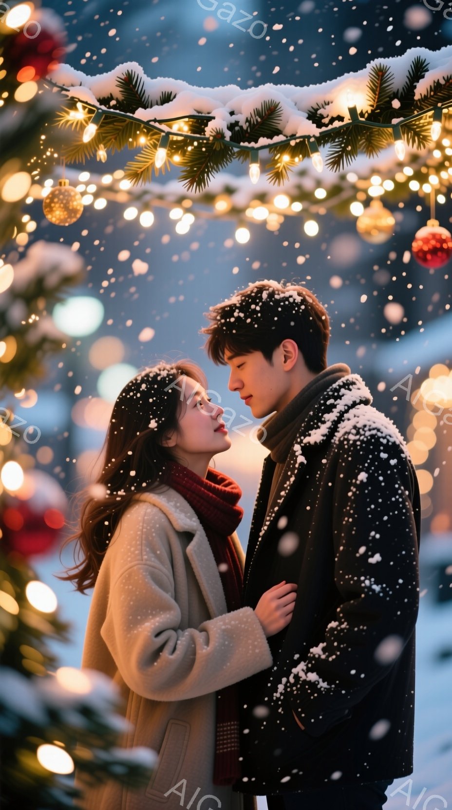 雪が舞う中で、若い男女が寄り添い合っている。女性はベージュのコートに赤いマフラーを巻き、男性は濃い色のコートを着ており、互いに顔を見つめ合っている表情からは、暖かくロマンチックな雰囲気が伝わってくる。 - AI生成フリー素材