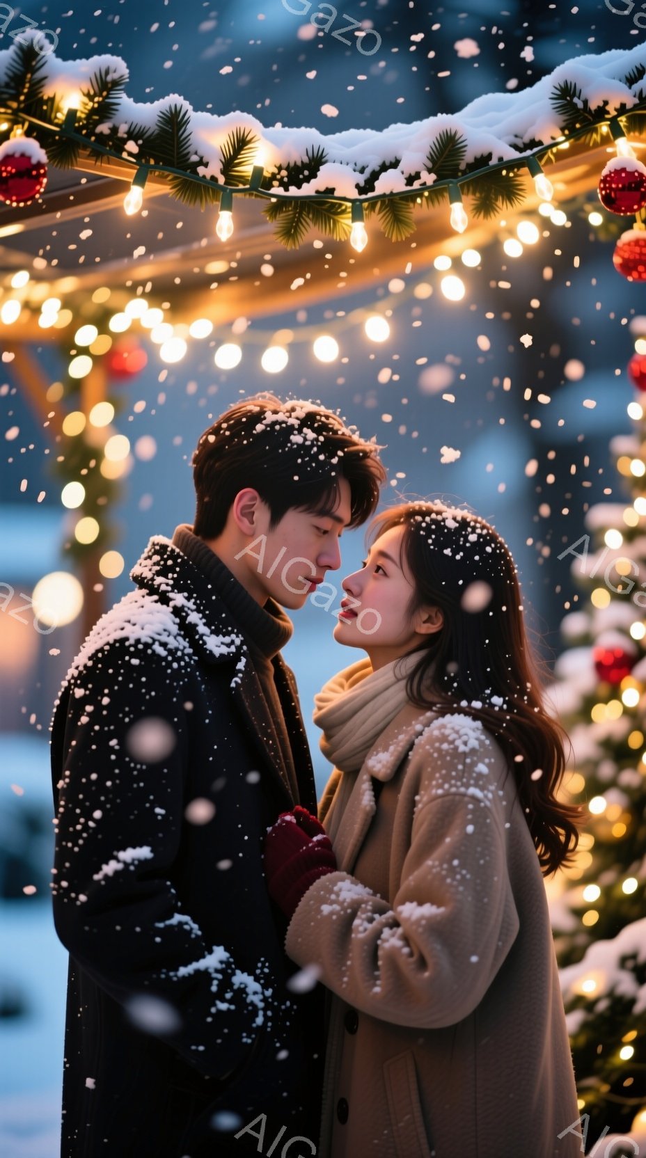 雪が舞う中で、若い男女が顔を近づけています。男性は黒いコート、女性はベージュのコートとマフラーを着用し、赤い手袋がアクセントになっています。背景には、クリスマスツリーとキラキラ光る電飾があり、暖かくロ - AI生成フリー素材