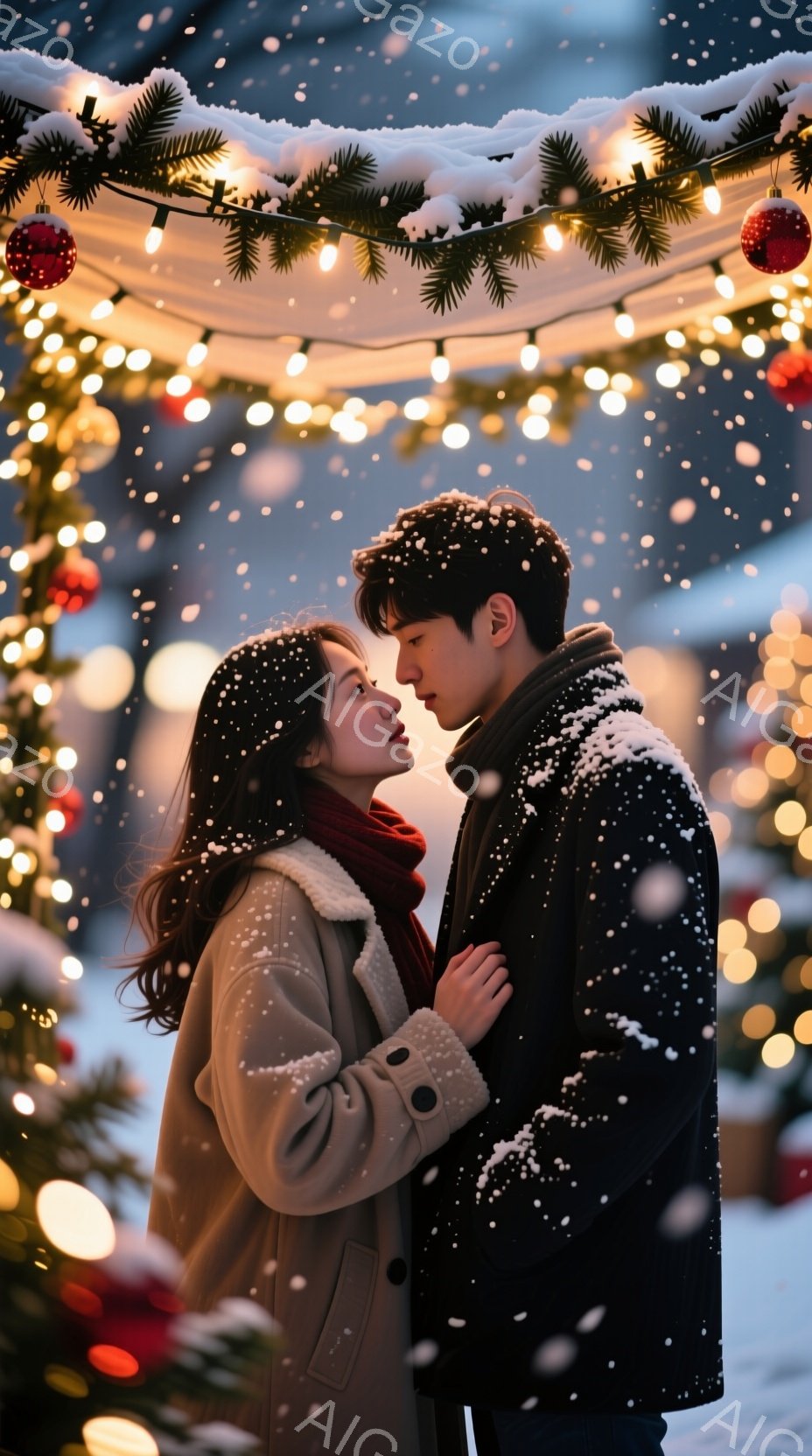 雪が舞う中で、若い男女が寄り添い合っている。女性はクリーム色のコートに赤いマフラーを巻き、茶色の髪を後ろに垂らしている。男性は黒いコートを着ており、女性を見つめ、互いにわずかに顔を近づけている様子から - AI生成フリー素材