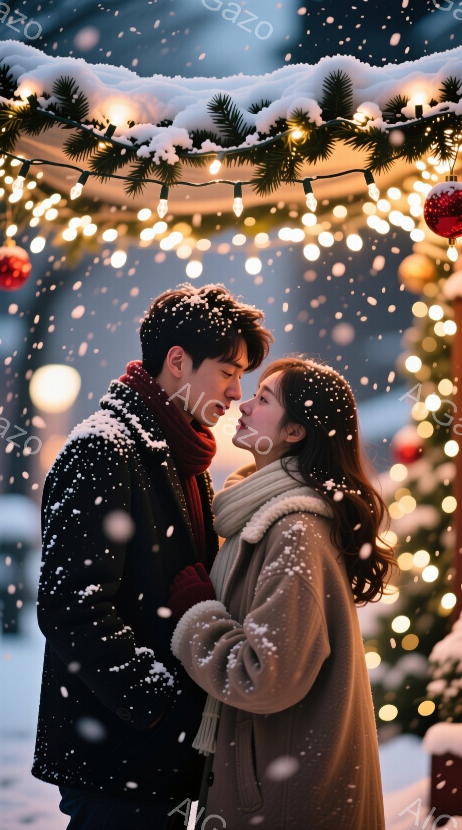 暖かい光のイルミネーションの下、若い男女が寄り添っている。男性は黒いジャケットに赤いマフラーを巻き、女性はクリーム色のコートと白のマフラーを身につけており、お互いに顔を近づけている。背景にはぼやけた建 - AI生成フリー素材