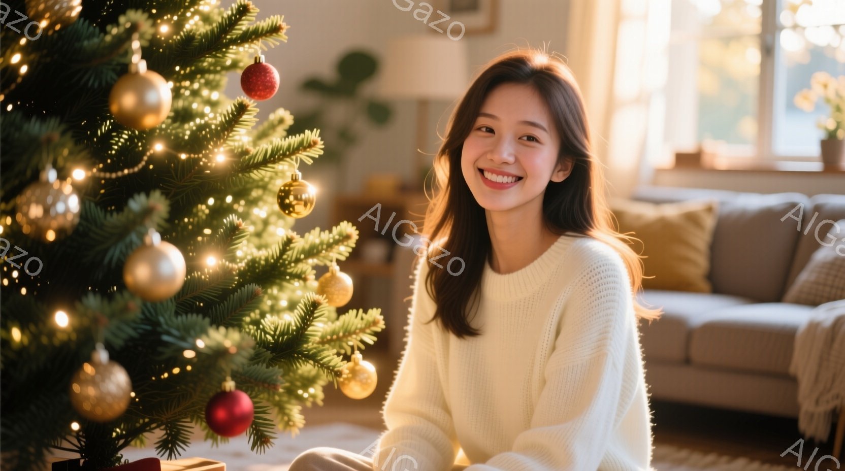 明るいリビングルームで、白いセーターを着た女性がクリスマスツリーの前に座っています。彼女は微笑んでおり、髪は長く、ゆるやかにカールしています。背景にはベージュのソファと、日差しが差し込む窓が見え、暖か - AI生成フリー素材